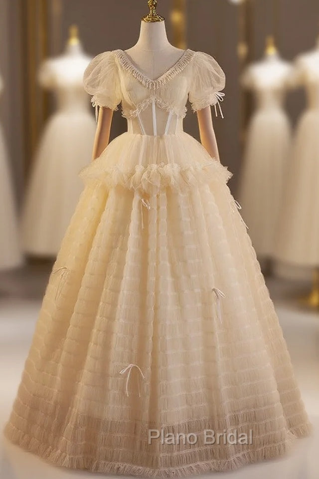 Champagne Tulle Puff Sleeve Beading Wedding Dresses Main image