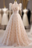 Champagne Tulle Puff Sleeve Formal Prom Dresses