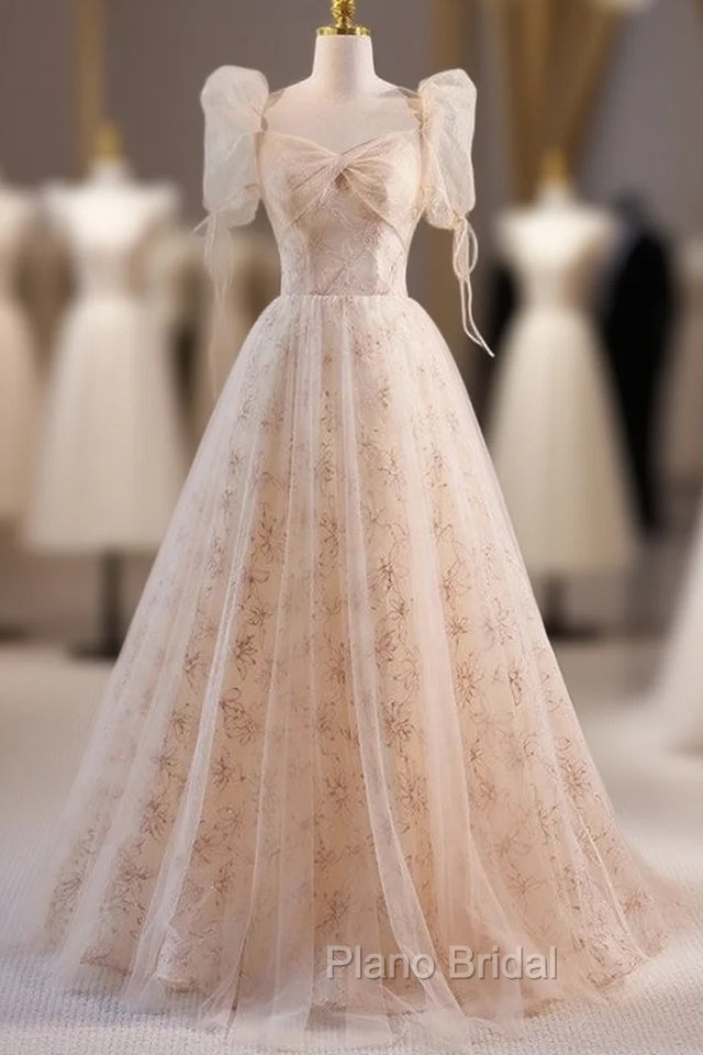 Champagne Tulle Puff Sleeve Formal Prom Dresses Main image