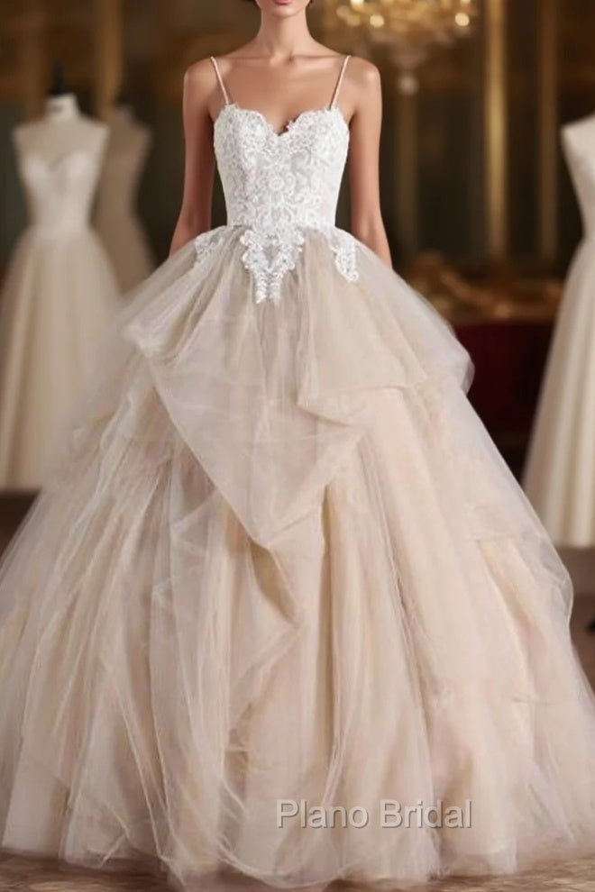 Champagne Tulle Ruffles Long Backless Lace Appliques Quinceanera Dresses