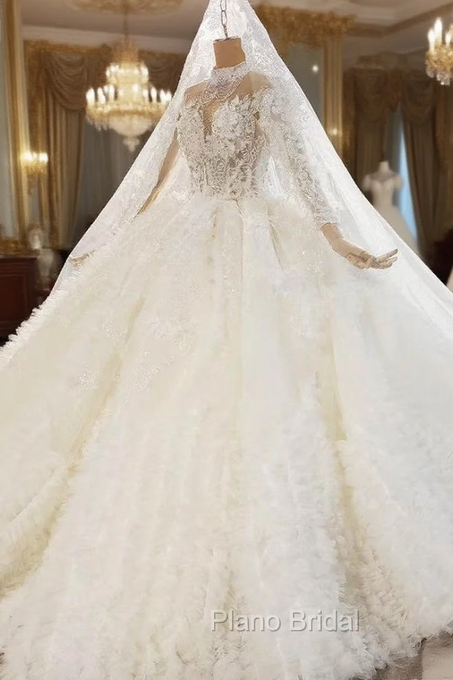 Champagne Tulle Ruffles Long Sleeve High Neck Wedding Dresses Main image