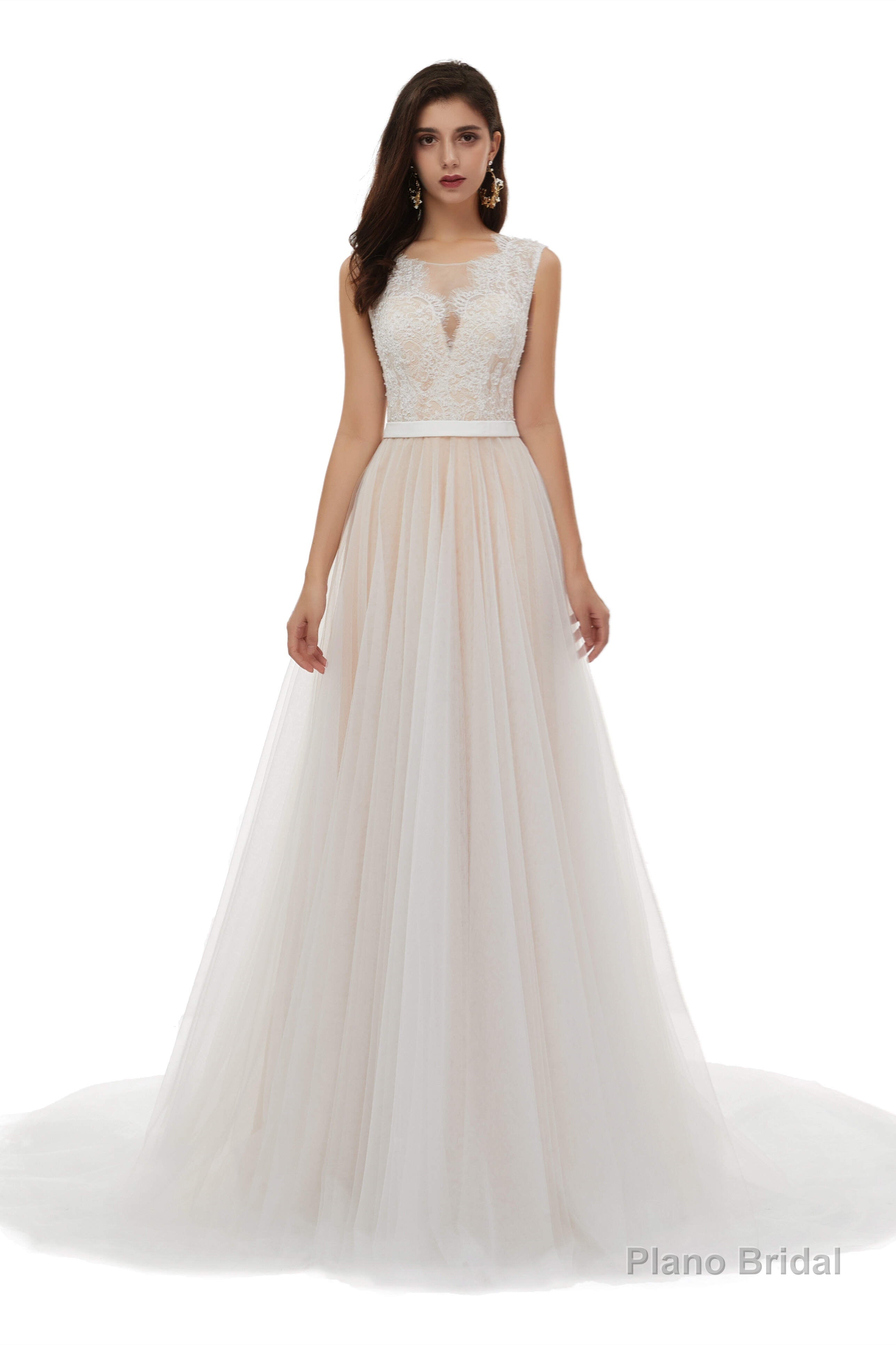 Champagne Tulle Scoop Neck Lace Appliques Beading Wedding Dresses Main image