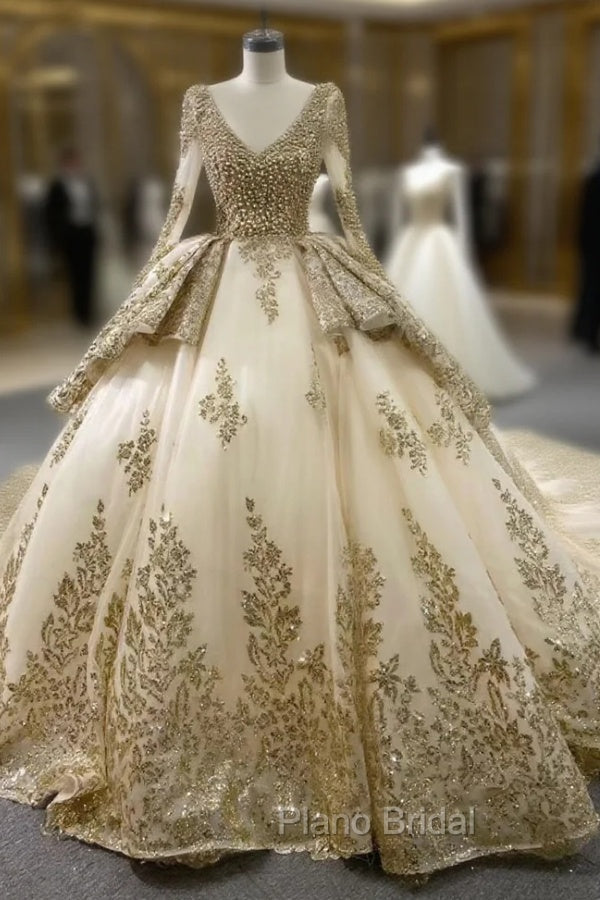 Champagne Tulle Sequins Appliques Long Sleeve Formal Prom Dresses Main image