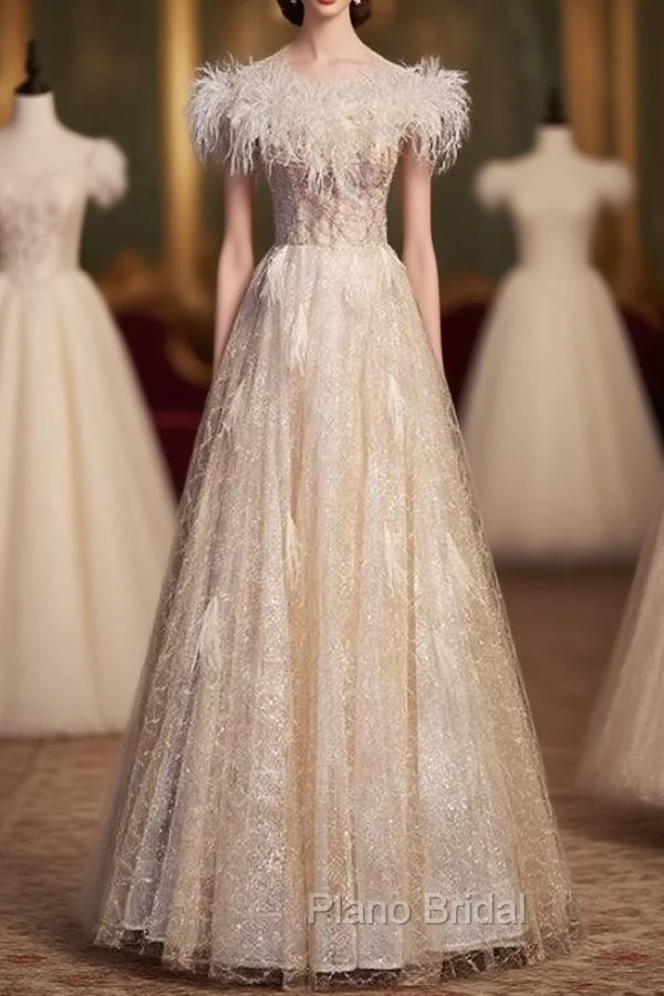 Champagne Tulle Sequins Beading Feather Formal Prom Dresses