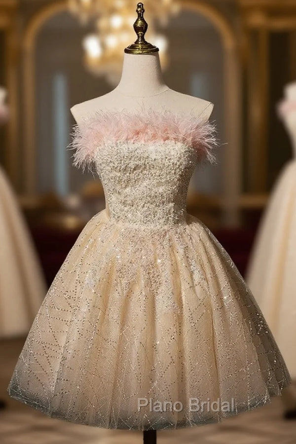 Champagne Tulle Sequins Beading Homecoming Dresses Main image