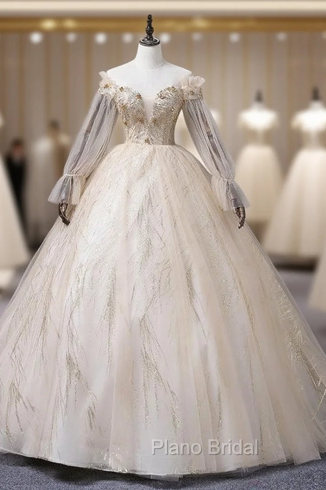 Champagne Tulle Sequins Beading Long Sleeve Quinceanera Dresses Main image