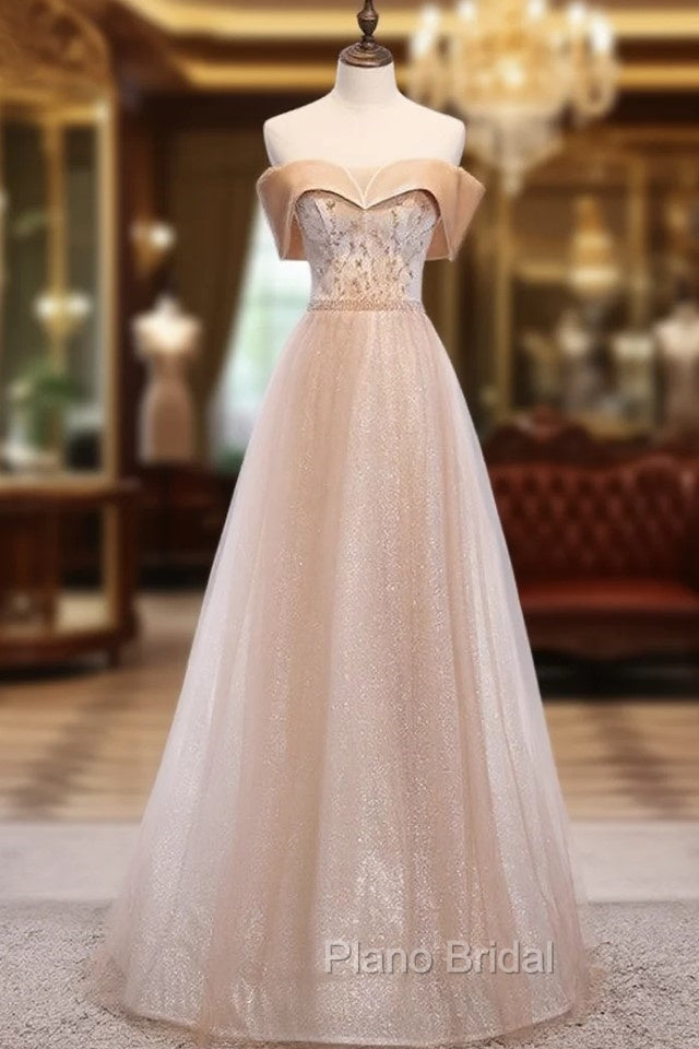 Champagne Tulle Sequins Beading Off the Shoulder Formal Prom Dresses Main image