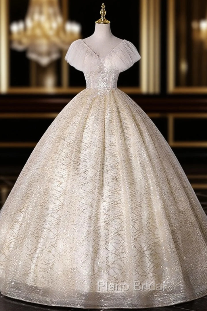 Champagne Tulle Sequins Beading V-neck Quinceanera Dresses Main image
