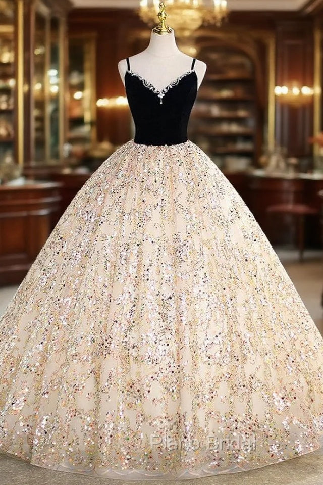 Champagne Tulle Sequins Black Velvet Crystal Quinceanera Dresses