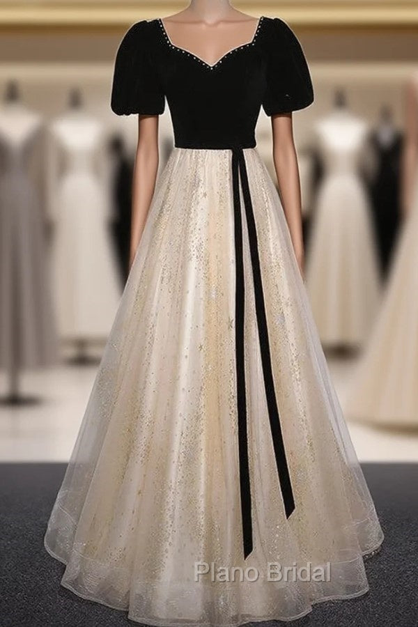 Champagne Tulle Sequins Black Velvet Short Sleeve Formal Prom Dres Main image