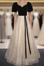 Champagne Tulle Sequins Black Velvet Short Sleeve Formal Prom Dres