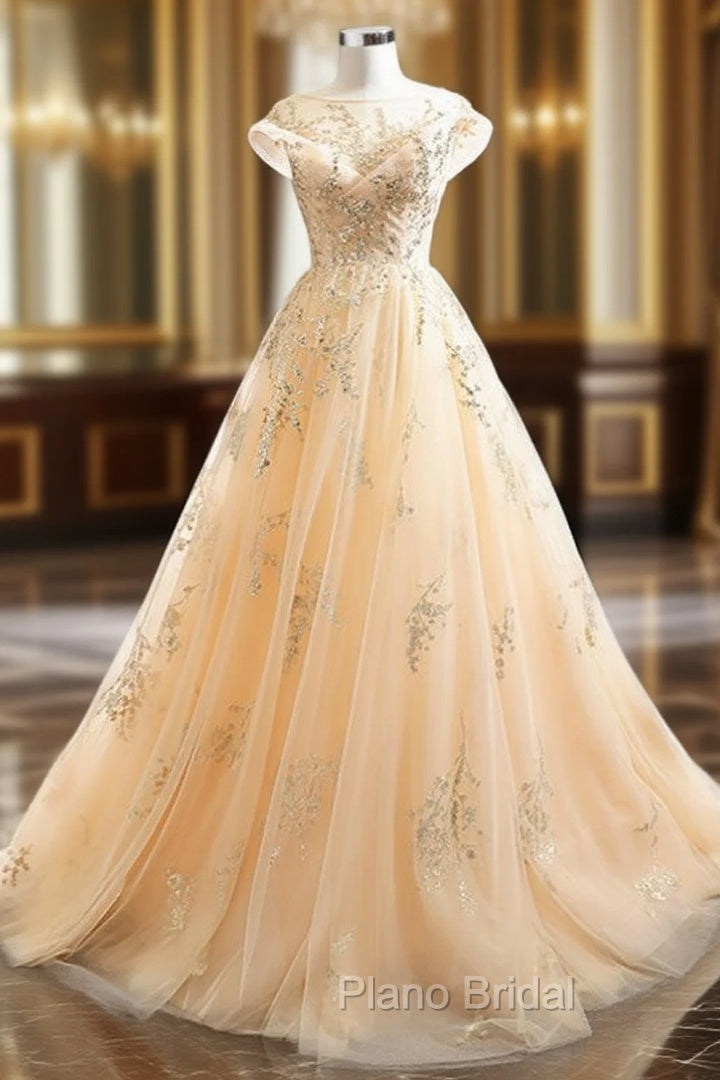 Champagne Tulle Sequins Cap Sleeve Open Back Formal Prom Dresses Main image