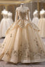 Champagne Tulle Sequins Cap Sleeve Formal Prom Dresses