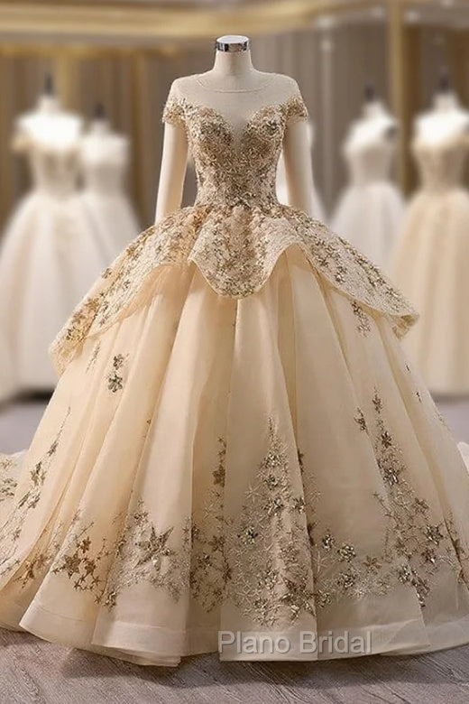 Champagne Tulle Sequins Cap Sleeve Formal Prom Dresses Main image