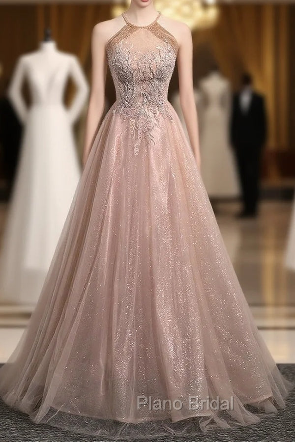 Champagne Tulle Sequins Halter Beading Formal Prom Dresses Main image