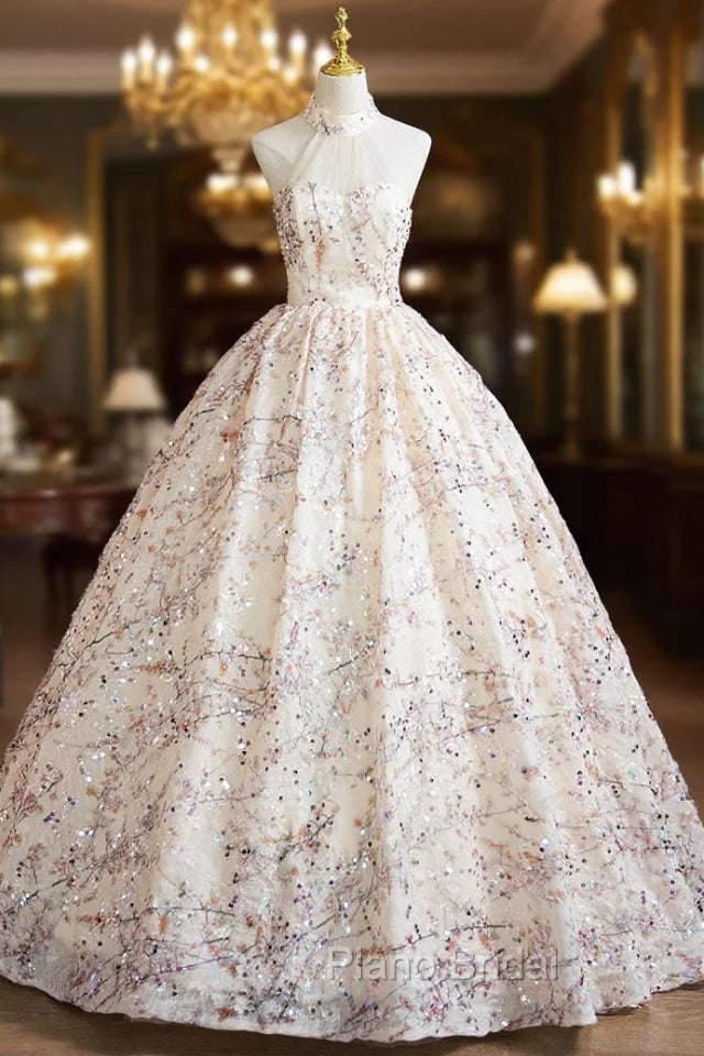 Champagne Tulle Sequins Halter Quinceanera Dresses Main image