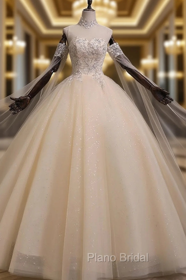 Champagne Tulle Sequins High Neck Beading Quinceanera Dresses