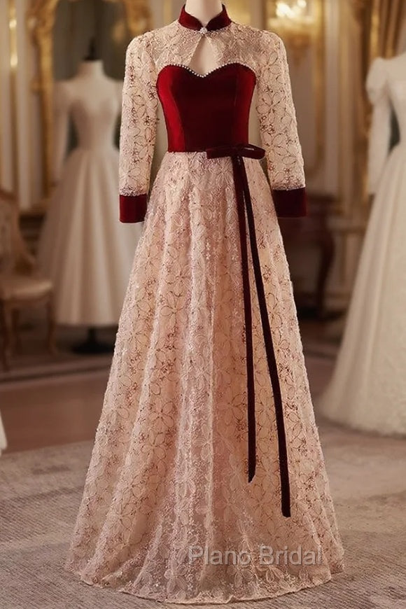 Champagne Tulle Sequins High Neck Long Sleeve Formal Prom Dresses Main image