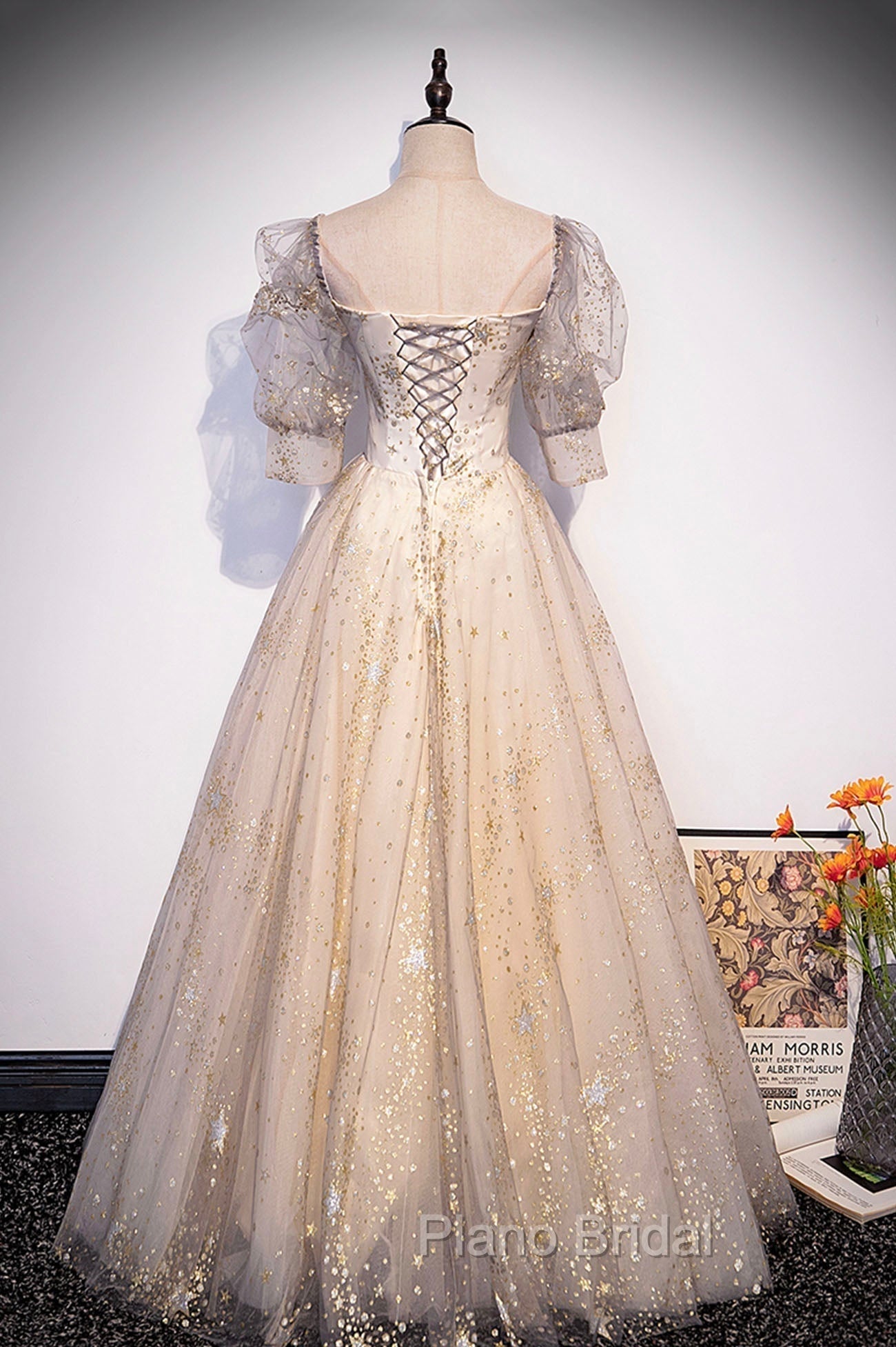 Champagne Tulle Sequins Long Formal Prom Dresses, Cute 1/2 Sleeve Party Dresses