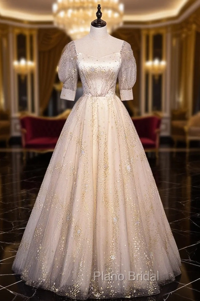 Champagne Tulle Sequins Long Formal Prom Dresses, Cute 1/2 Sleeve Party Dresses Main image