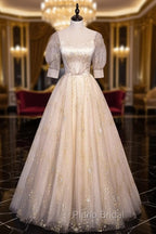 Champagne Tulle Sequins Long Formal Prom Dresses, Cute 1/2 Sleeve Party Dresses