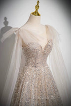 Champagne Tulle Sequins Long Formal Prom Dresses, Shiny A-Line Party Dresses