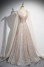 Champagne Tulle Sequins Long Formal Prom Dresses, Shiny A-Line Party Dresses