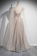 Champagne Tulle Sequins Long Formal Prom Dresses, Shiny A-Line Party Dresses