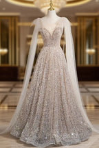 Champagne Tulle Sequins Long Formal Prom Dresses, Shiny A-Line Party Dresses