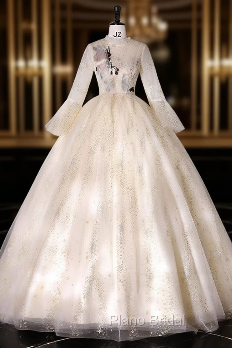 Champagne Tulle Sequins Long Sleeve Embroidery Quinceanera Dresses