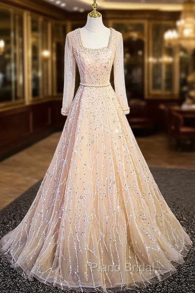 Champagne Tulle Sequins Long Sleeve Formal Prom Dresses Main image
