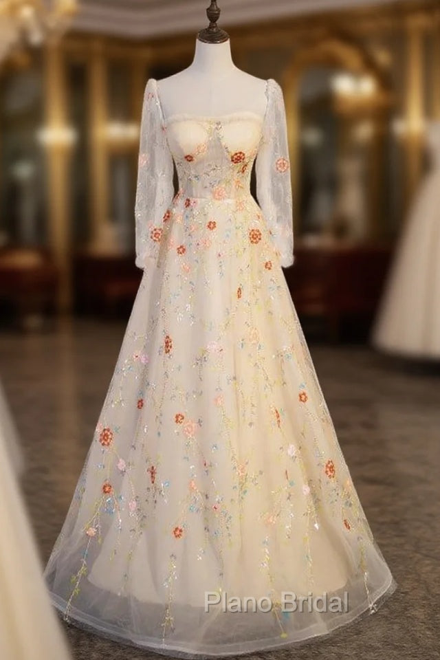 Champagne Tulle Sequins Long Sleeve Square Formal Prom Dresses