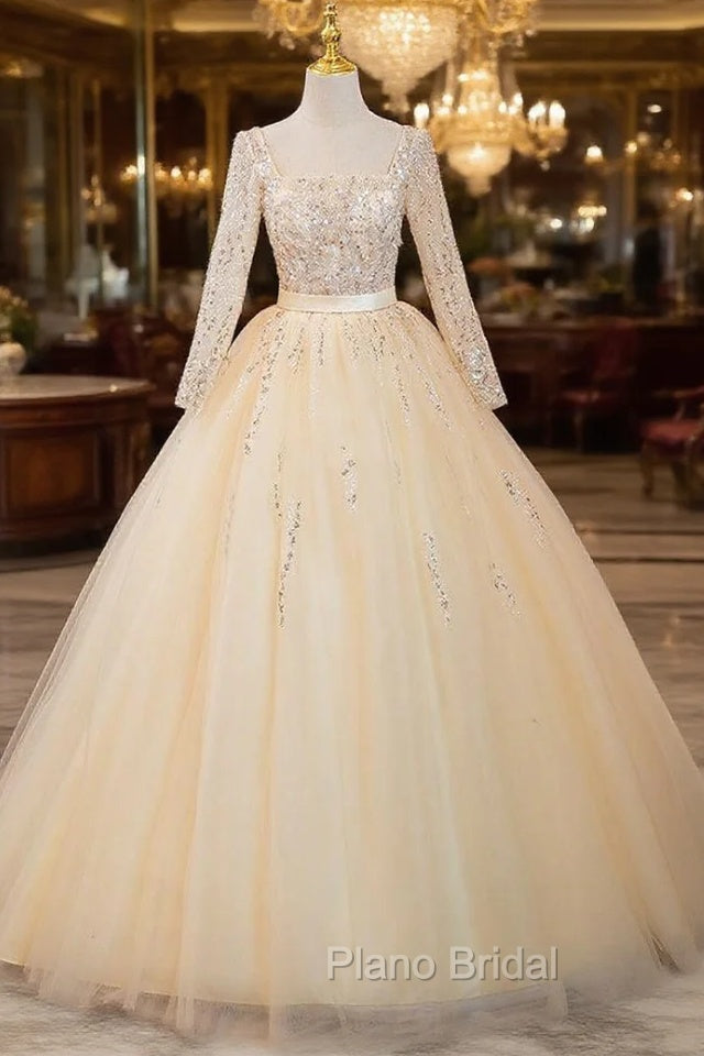 Champagne Tulle Sequins Long Sleeve Square Quinceanera Dresses