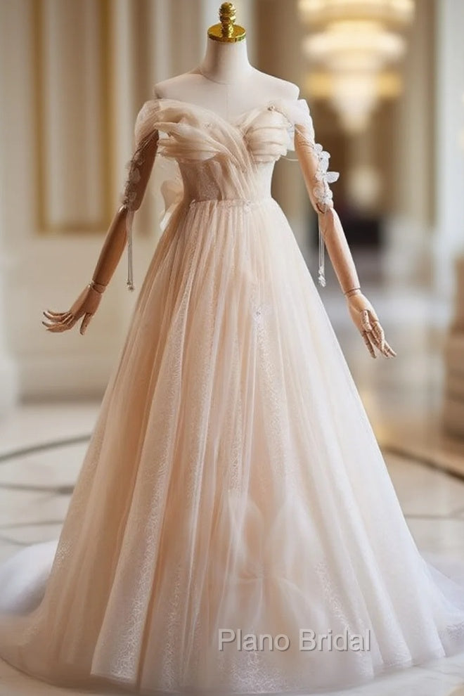 Champagne Tulle Sequins Off the Shoulder Butterfly Formal Prom Dresses