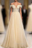 Champagne Tulle Sequins Off the Shoulder Pearls Formal Prom Dresses