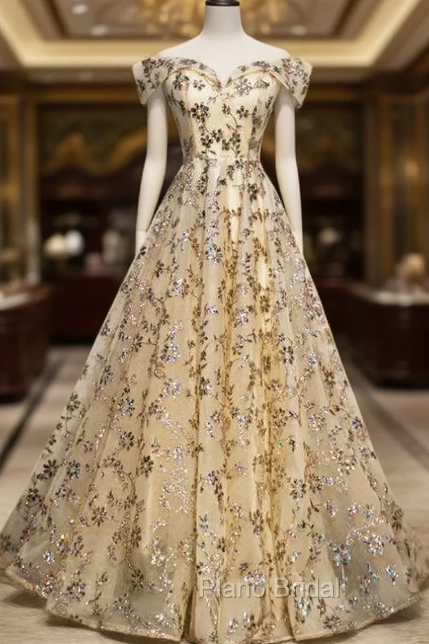 Champagne Tulle Sequins Off the Shoulder Formal Prom Dresses Main image