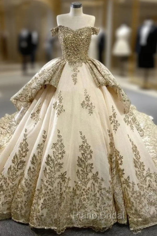 Champagne Tulle Sequins Pearls Off the Shoulder Formal Prom Dresses