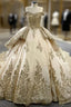 Champagne Tulle Sequins Pearls Off the Shoulder Formal Prom Dresses