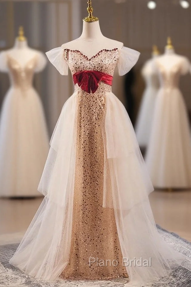 Champagne Tulle Sequins Pearls Formal Prom Dresses Main image