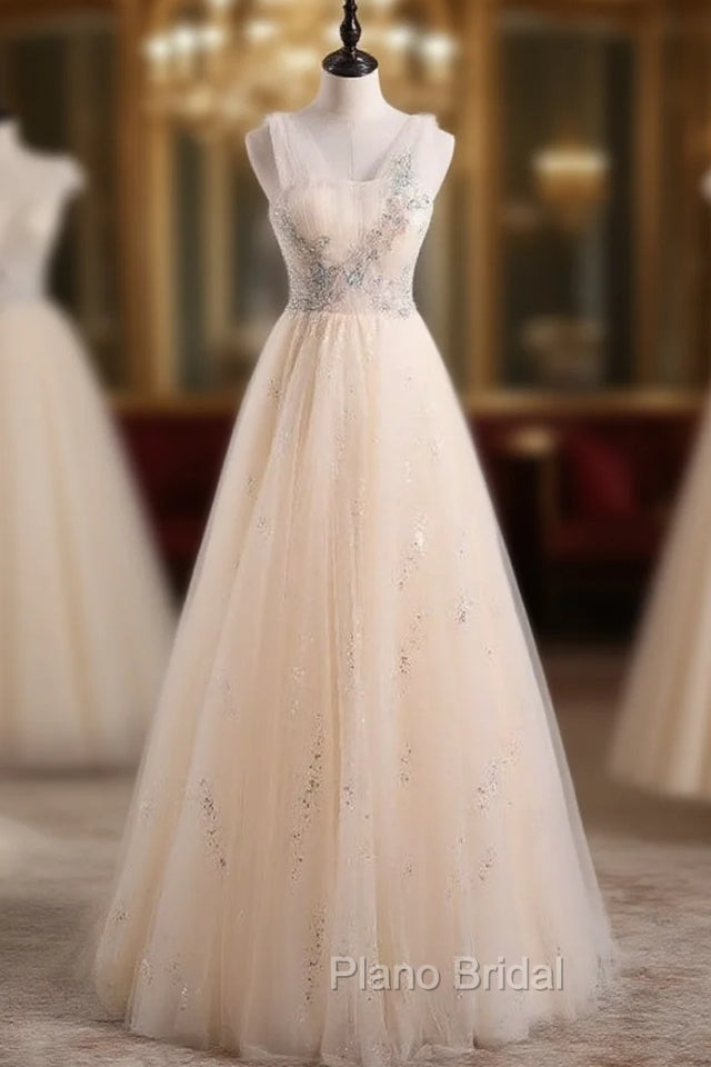 Champagne Tulle Sequins Pleats Beading Formal Prom Dresses Main image