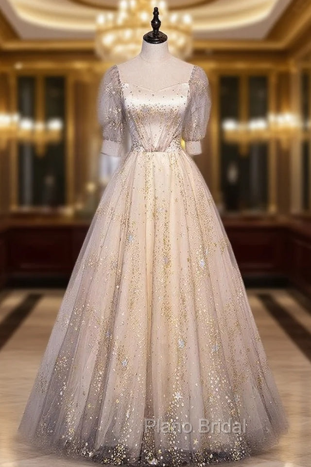 Champagne Tulle Sequins Pleats Short Sleeve Formal Prom Dresses Main image