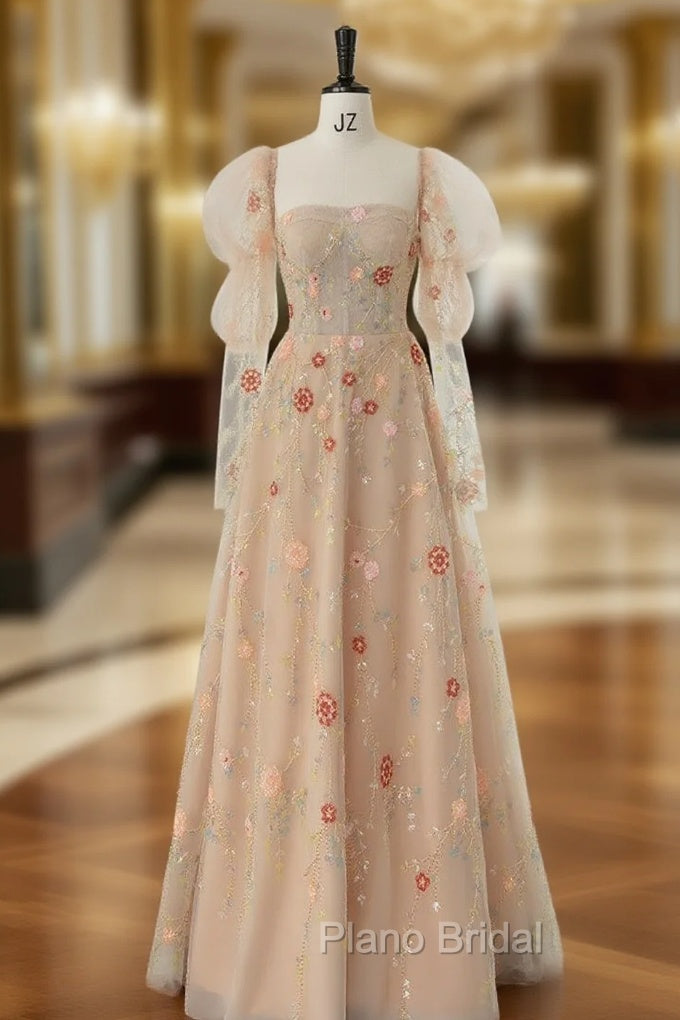 Champagne Tulle Sequins Formal Prom Dresses With Detachable Long Sleeve