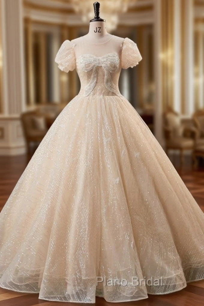 Champagne Tulle Sequins Puff Sleeve Backless Quinceanera Dresses Main image