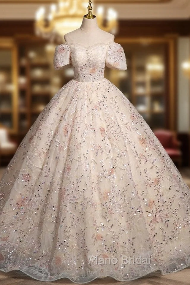 Champagne Tulle Sequins Puff Sleeve Pleats Quinceanera Dresses Main image