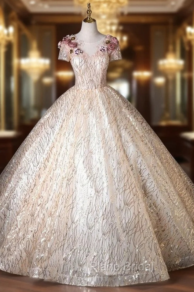 Champagne Tulle Sequins Short Sleeve 3D Flower Quinceanera Dresses Main image