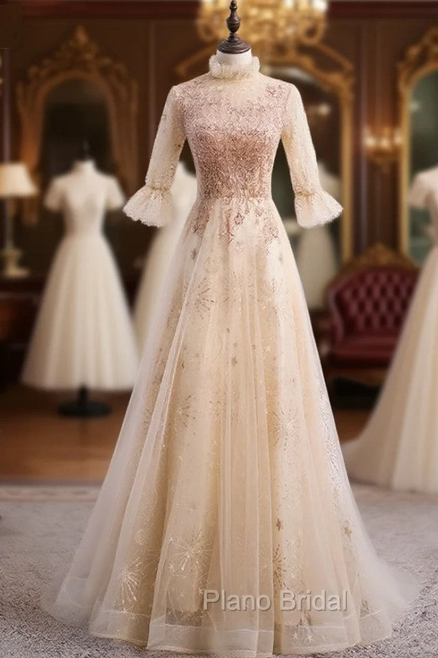 Champagne Tulle Sequins Short Sleeve Beading Formal Prom Dresses Main image