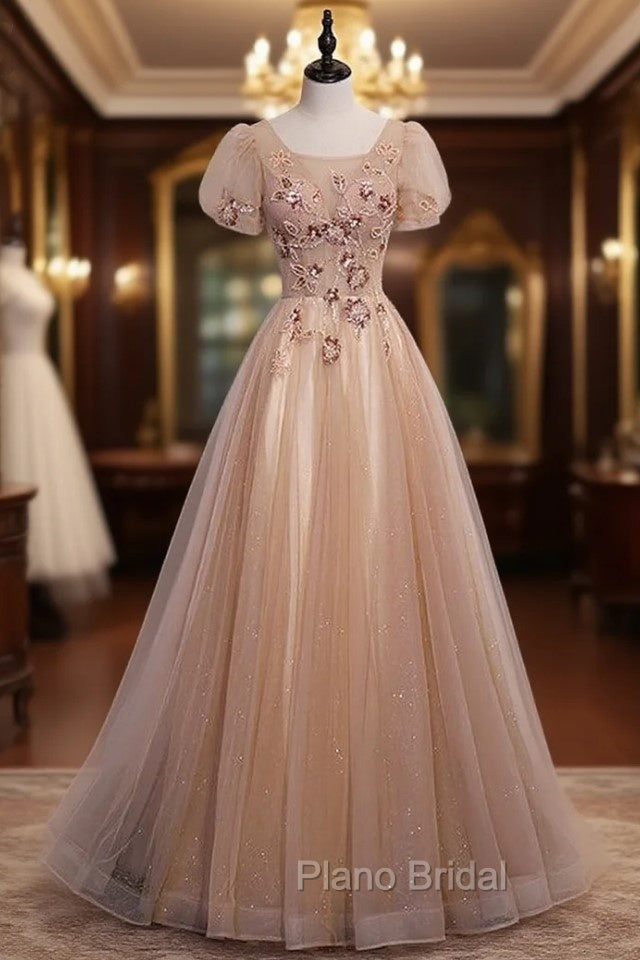 Champagne Tulle Sequins Short Sleeve Beading Sequins Formal Prom Dresses
