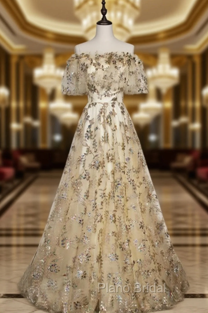 Champagne Tulle Sequins Short Sleeve Formal Prom Dresses Main image