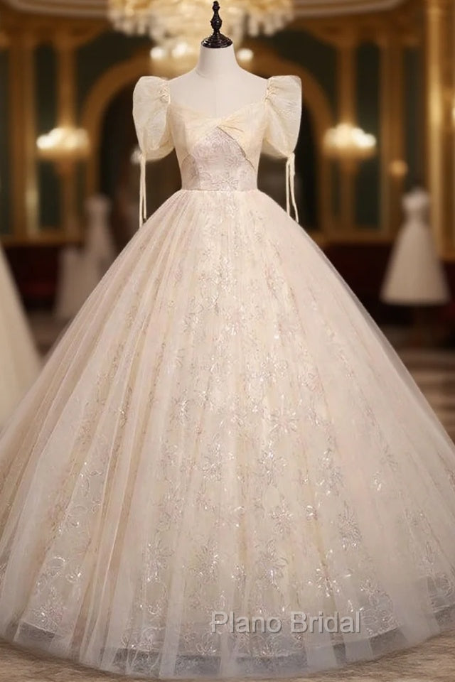 Champagne Tulle Sequins Short Sleeve Quinceanera Dresses