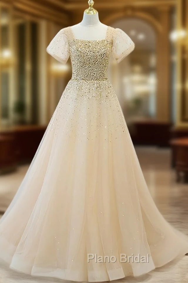Champagne Tulle Sequins Square Short Sleeve Formal Prom Dresses Main image
